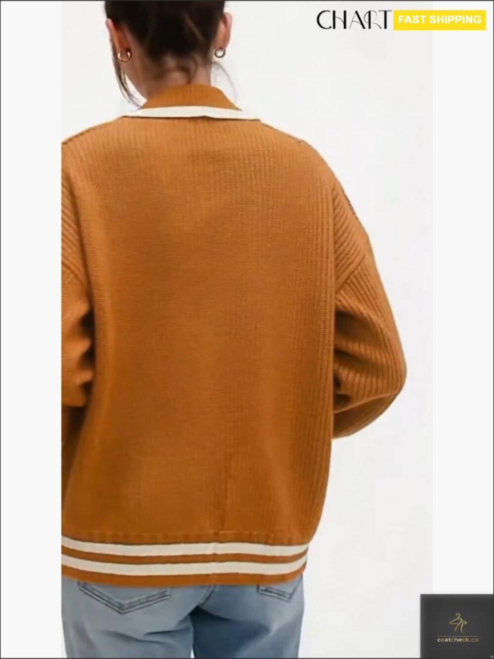 Oversized Zip Up Cardigan Sweater Women Casual Knit Outerwear Contrast Trim - Picture 7 of 7
